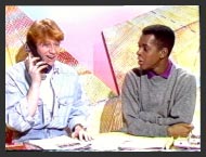 Here's a frame from Children's BBC TWO on a Sunday morning. Simon's on the phone to a contestant for The 9.25 Express - but they're engaged!